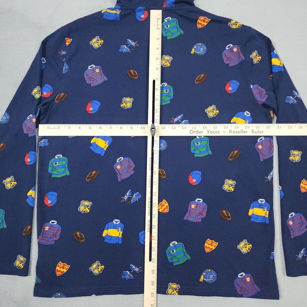 Polo Ralph Lauren Mens L Hooded Shirt Navy Rugby All Over Print Long Sleeve - Picture 7 of 9